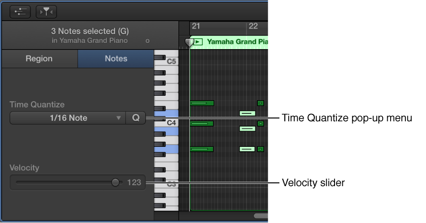 Figure. Piano Roll Editor inspector in Notes mode, showing controls