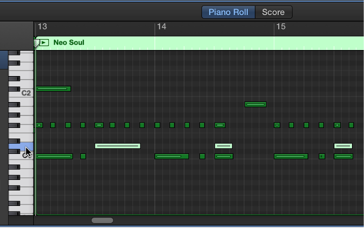 Figure. Selecting notes of same pitch by clicking on keyboard at left edge of Piano Roll Editor.
