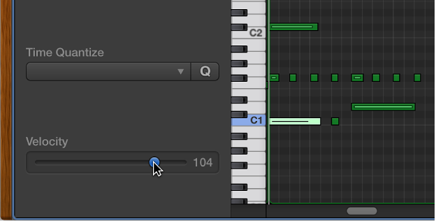 Figure. Editing note velocity in the Piano Roll Editor.
