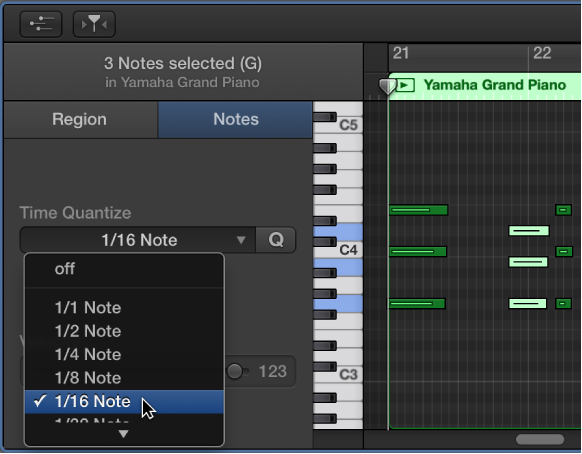 Figure. Choosing a value from the Time Quantize pop-up menu in the Piano Roll Editor inspector