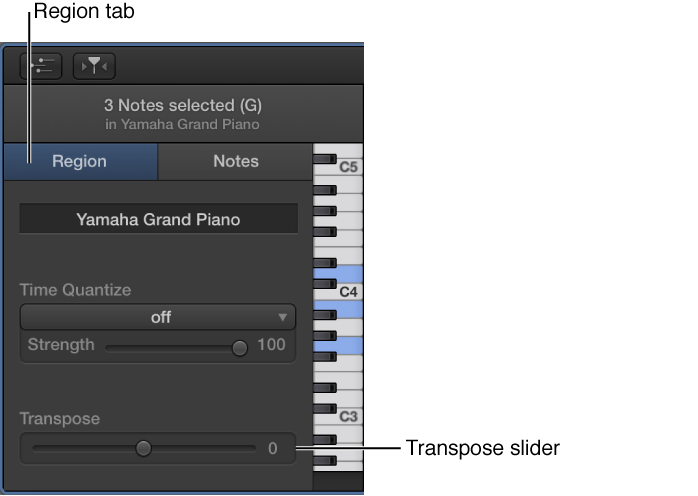 Figure. Piano Roll Editor inspector, showing Region tab and Transpose slider