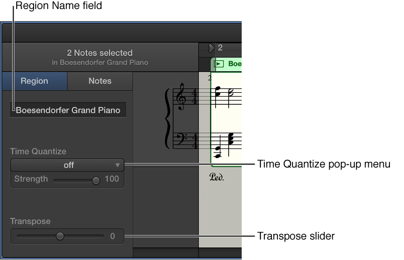 Figure. Score Editor inspector in Region mode, showing controls