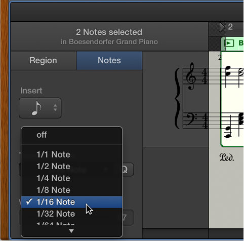 Figure. Choosing a value from the Time Quantize pop-up menu in the Score Editor