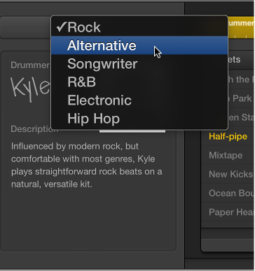 Figure. Choosing a genre in the Drummer Editor