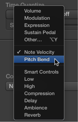 Figure. MIDI Draw pop-up menu showing controller types