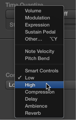 Figure. MIDI Draw pop-up menu showing Smart Controls types