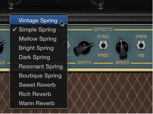 Figure. Amp Designer showing Reverb menu and Tremolo and Vibrato controls