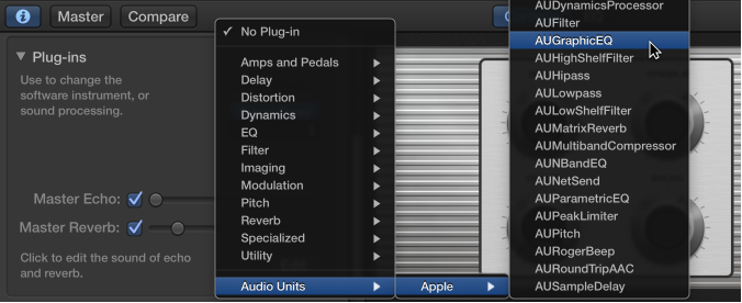 Figure. Choosing an Audio Units plug-in from the Audio Units pop-up menu in the Smart Control inspector