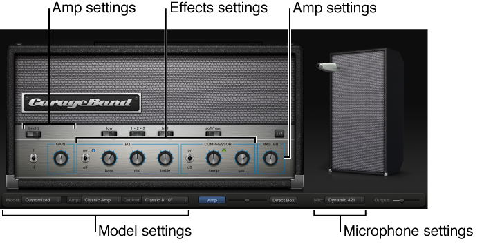 Figure. Bass Amp Designer window, showing different control areas.
