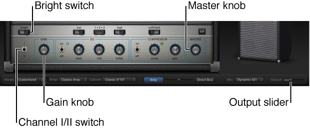 Figure. Bass Amp Designer amp controls, including Bright switch, Gain knob, Channel I and II switch, and Master knob.