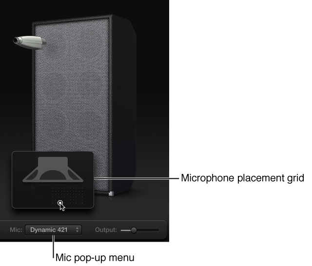 Figure. Bass Amp Designer cabinet area showing Mic menu and Microphone placement grid. 