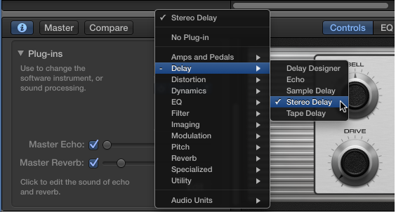 Figure. Choosing an effect plug-in from the Plug-in shortcut menu.