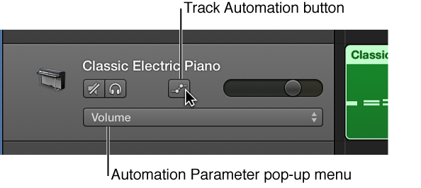 Figure. Showing the Track Automation button and the Automation Parameter pop-up menu in a track header.