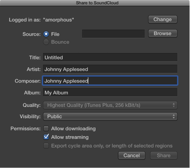 Figure. Share to SoundCloud dialog.