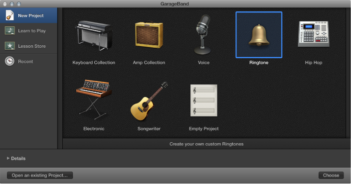 Figure. Project Chooser window showing Ringtone template selected.