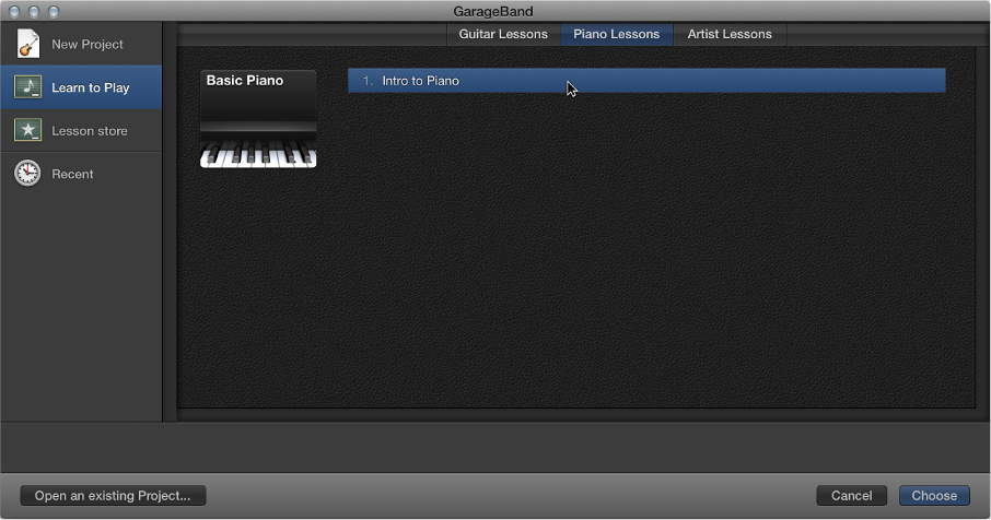 Figure. Selecting a Learn to Play lesson in the Project Chooser