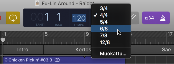 Uuden tahtilajin valitseminen LCD:n ponnahdusvalikosta