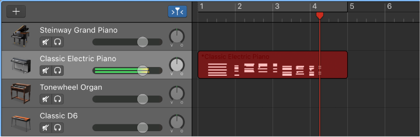 Äänitetyn MIDI-alueen näkyminen punaisena Raidat-alueella.