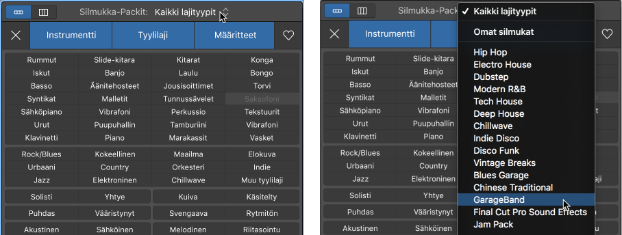 Auki oleva Silmukka-ponnahdusvalikko.