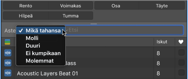 Auki oleva Asteikko-ponnahdusvalikko Silmukkaselaimessa.