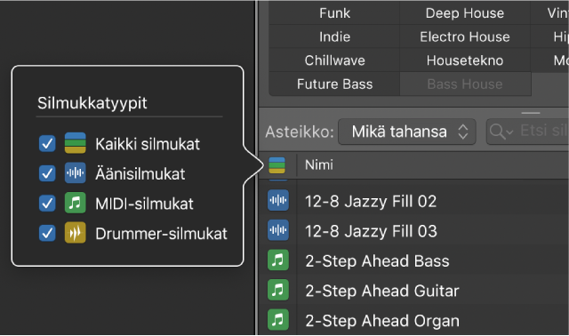 Näytetään Silmukkatyypit-painike.