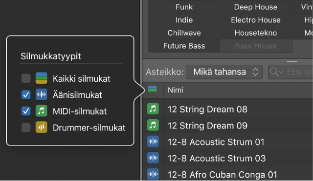 Silmukkatyypit-painikkeen käyttö silmukkatyyppien suodattamiseen.