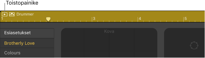 Drummer-alue, jossa näkyy toistopainike.