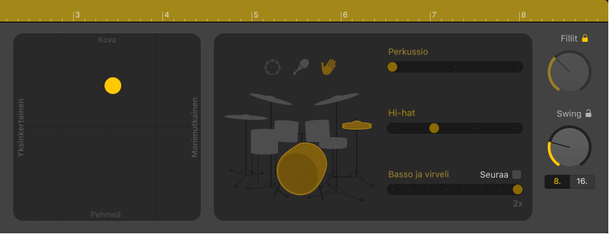 Drummer-editori, jossa näkyvät suorituksen säätimet.