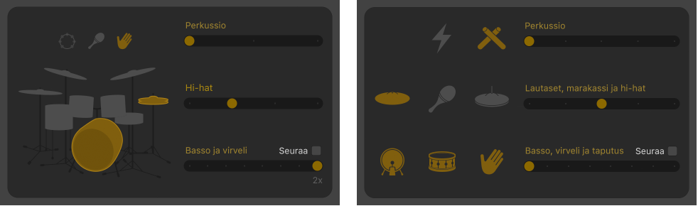 Drummer-editori, jossa näkyy kuviovariaation säätimiä.
