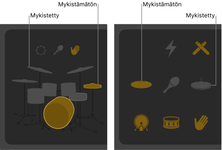 Drummer-editori, jossa näkyy rumpusetti mykistettynä ja ilman mykistystä.