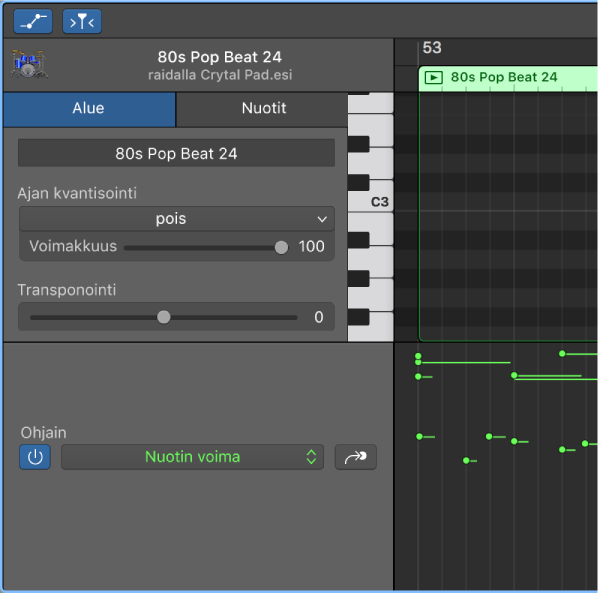 Automaatiokaista Pianorullaeditorissa.