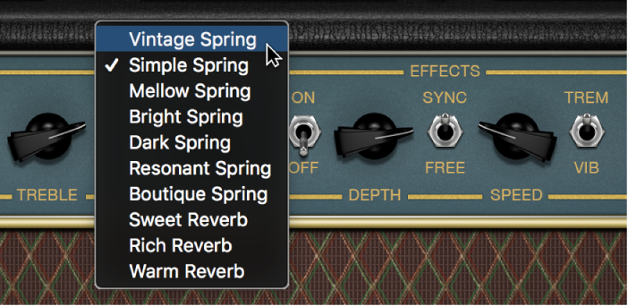Amp Designer, jossa näkyvät Jälkikaiku-valikko sekä Tremolo- ja Vibrato-säätimet.
