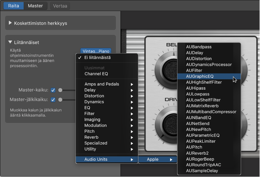 Audio Units -liitännäisen valitseminen Liitännäiset-alueen Audio Units -ponnahdusvalikosta.