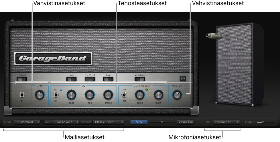 Bass Amp Designer -ikkuna, jossa näkyy eri säädinalueet.