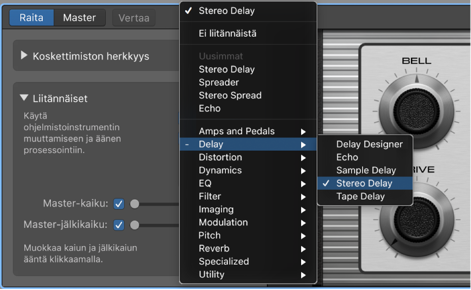 Tehosteliitännäisen valitseminen liitännäisten oikotievalikosta.
