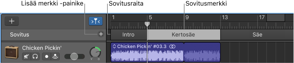 Sovitusraita, jossa näkyy merkinlisäyspainike ja sovitusalue.