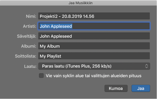 Jaa Musiikkiin -valintaikkuna.