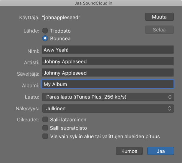Jaa SoundCloudiin -valintaikkuna
