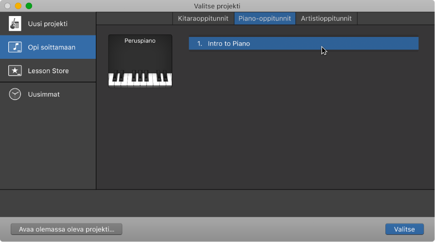 Opi soittamaan ‑oppitunnin valitseminen projektivalitsimesta.