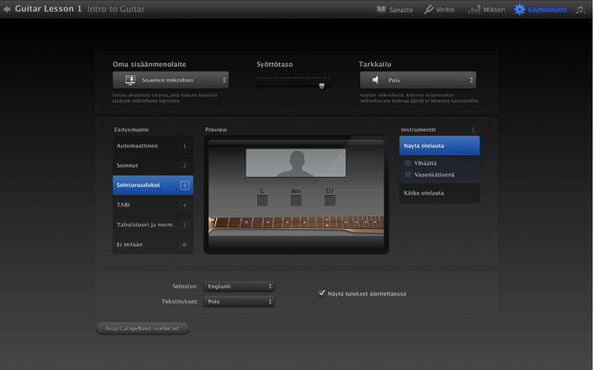 Opi soittamaan ‑asetusikkuna.