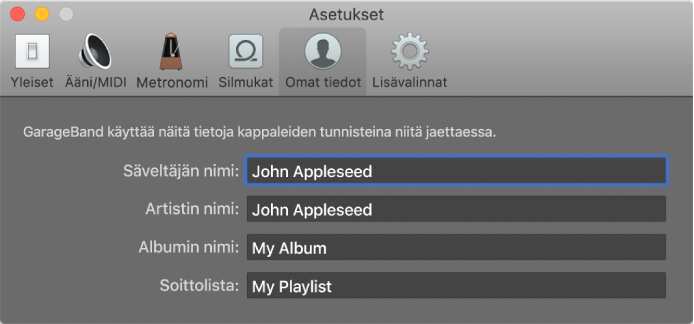 Omat tiedot -asetukset.