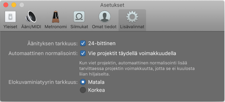 Lisävalinnat-asetukset.