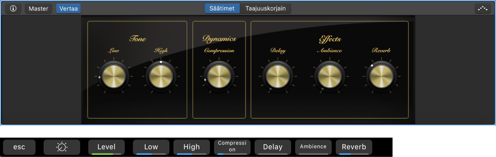 Kuva. Ohjelmistoinstrumenttiraidan Smart Controlit ja dynaamiset Smart Controlien näyttöoikotiet.
