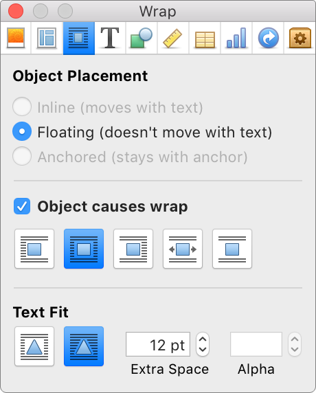 Wrap inspector with controls for inline, floating, and anchored objects