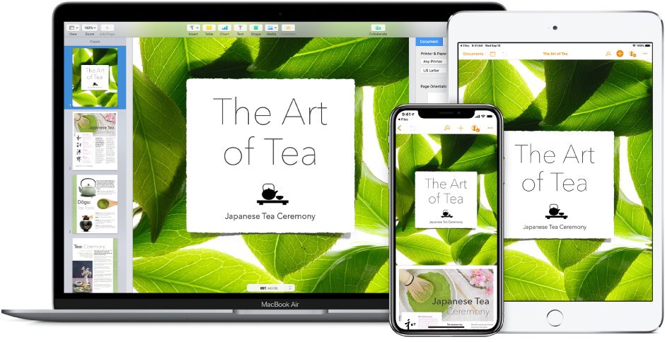 Det samme Pages-dokument vises på iPhone, iPad og en Mac.