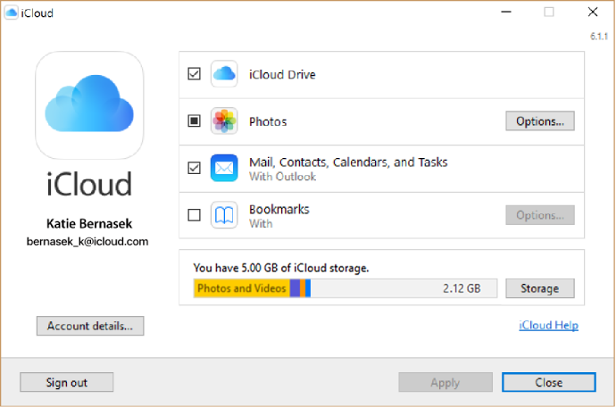 Afkrydsningsfelterne ud for iCloud-tjenester.