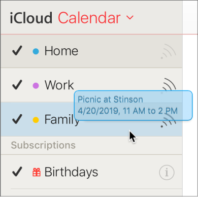 En begivenhed trækkes fra en kalender til en anden. Den nye kalender er fremhævet.