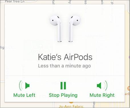 Knapperne Venstre på lydløs, Stop afspilning og Højre på lydløs i informationsvinduet for AirPods.