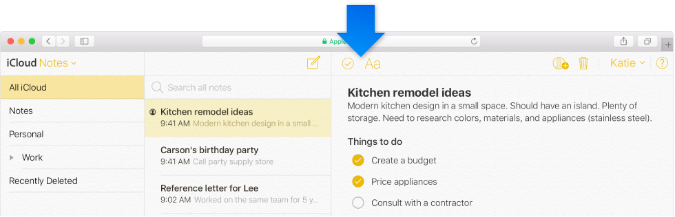 Vinduet Noter til opgraderede noter på iCloud.com med en mappeliste til venstre og knappen Tjekliste og knappen Format på værktøjslinjen.