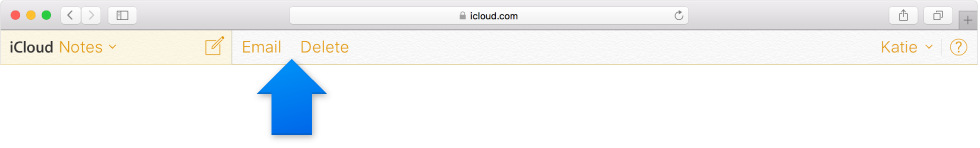 Vinduet Noter på iCloud.com, hvis du ikke bruger opgraderede noter, med knappen E-mail og knappen Slet på værktøjslinjen.
